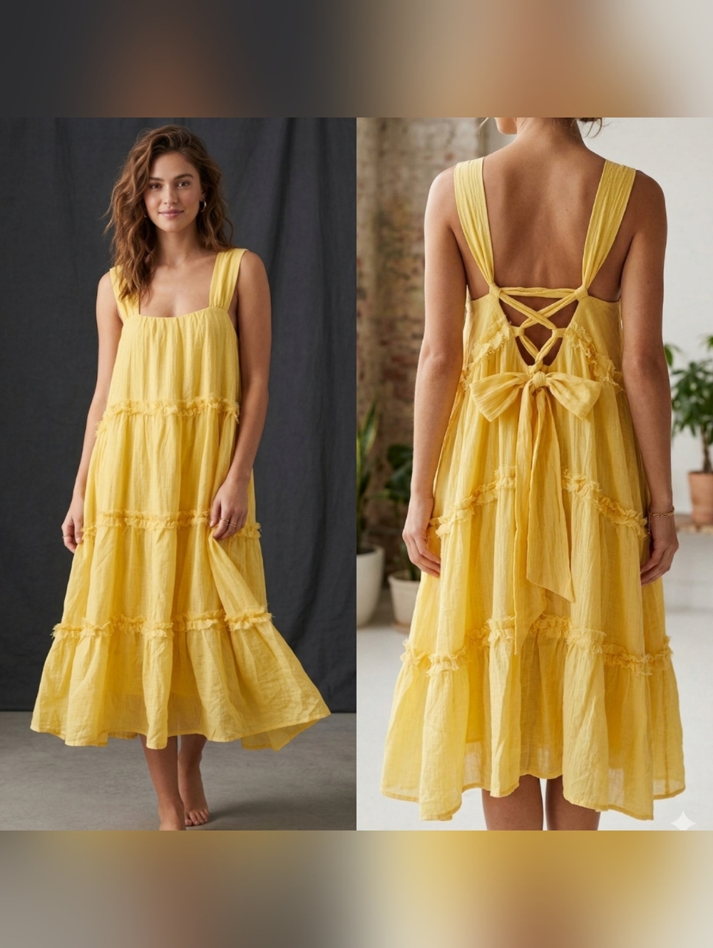 NWT Mulla Yellow Linen Tiered Midi Dress Lace Up Back Boho Size L